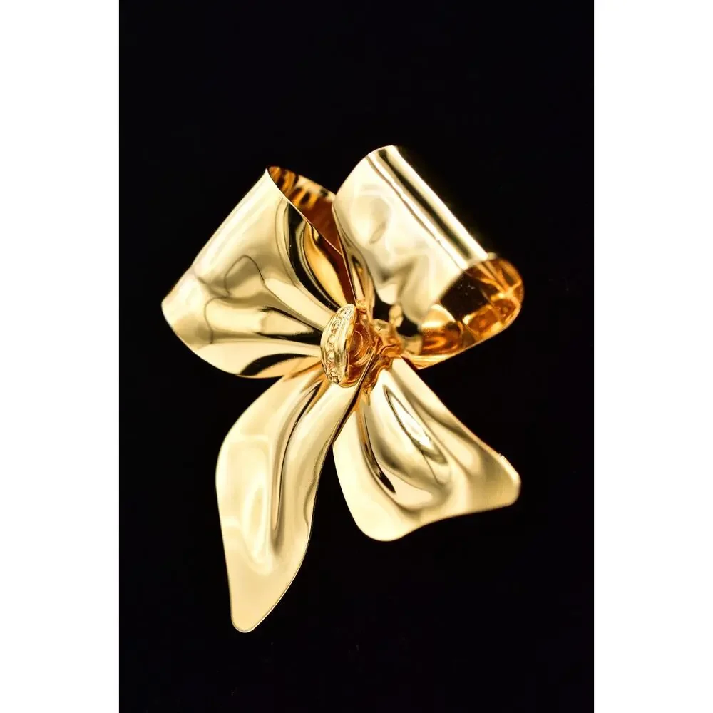 Vintage Chunky Gold Bow Brooch Pin Large Sculptural Ribbon Statement NOS BinA18